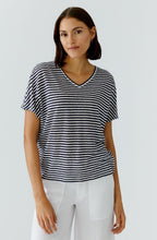 Dark Blue Striped Linen V Neck T Shirt
