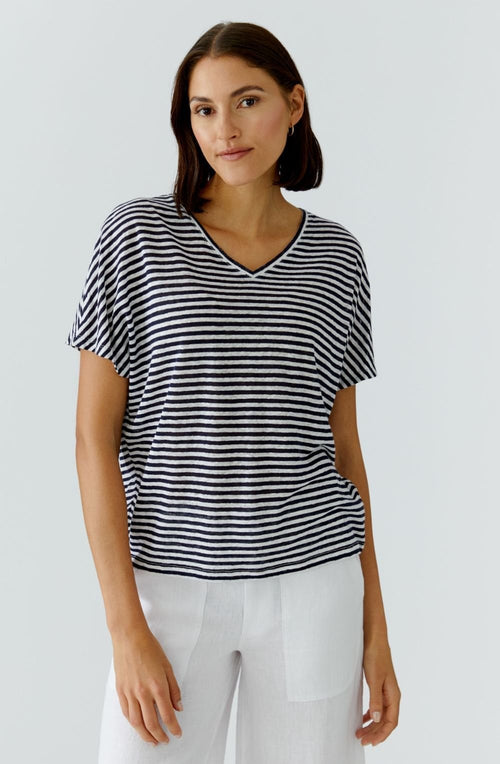 Dark Blue Striped Linen V Neck T Shirt
