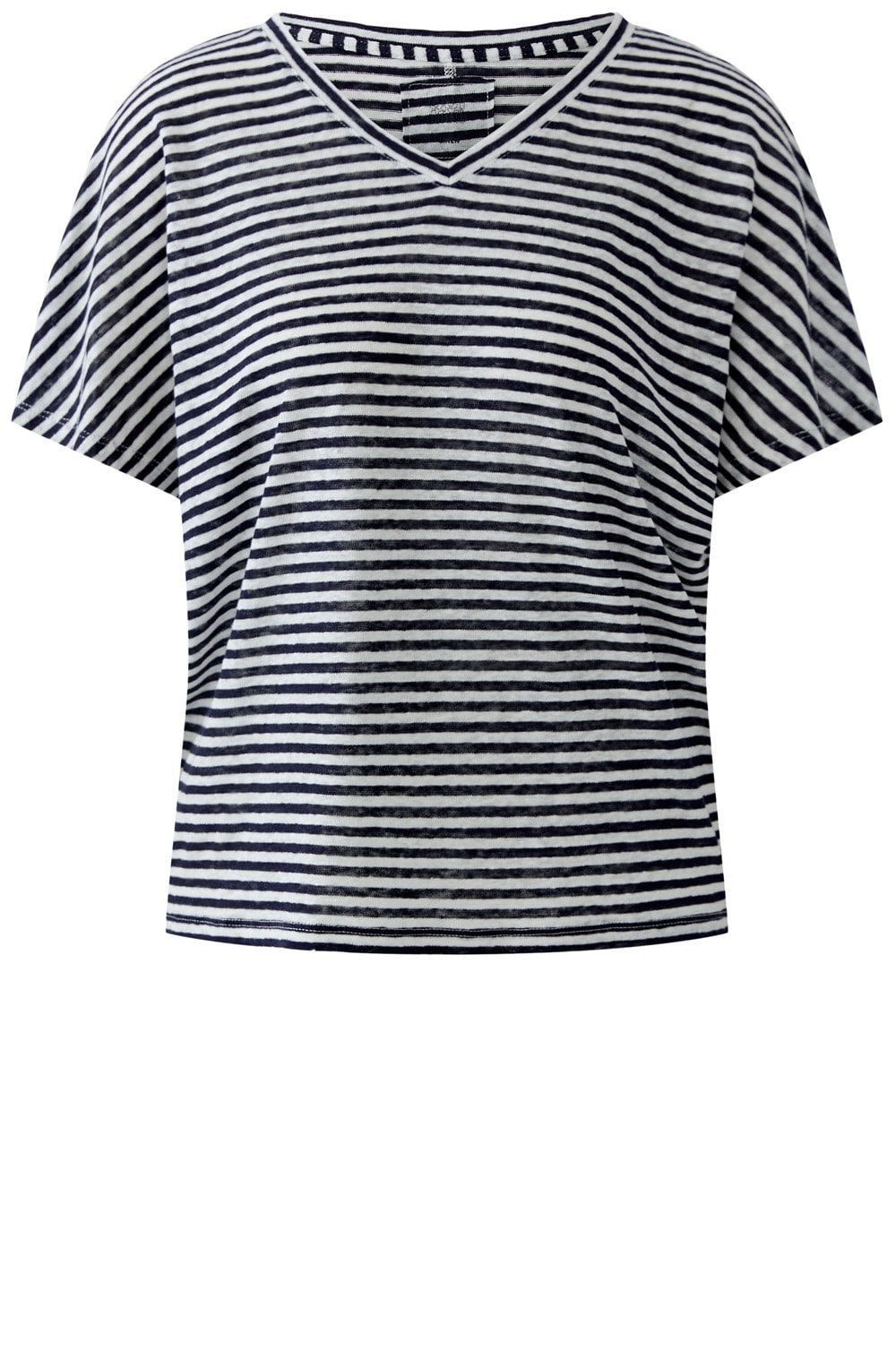 Dark Blue Striped Linen V Neck T Shirt