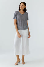 Dark Blue Striped Linen V Neck T Shirt