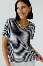 Dark Blue Striped Linen V Neck T Shirt