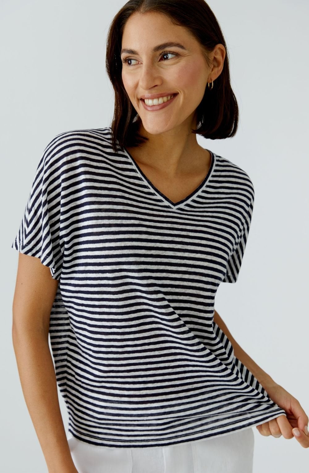 Dark Blue Striped Linen V Neck T Shirt