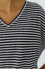 Dark Blue Striped Linen V Neck T Shirt