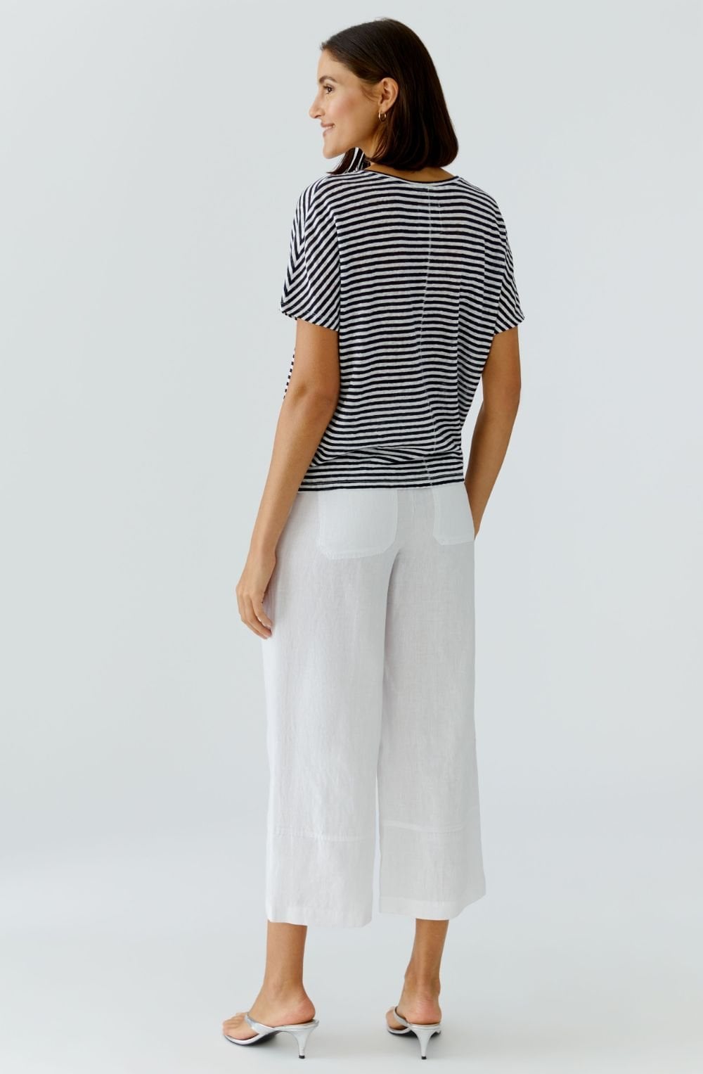 Dark Blue Striped Linen V Neck T Shirt