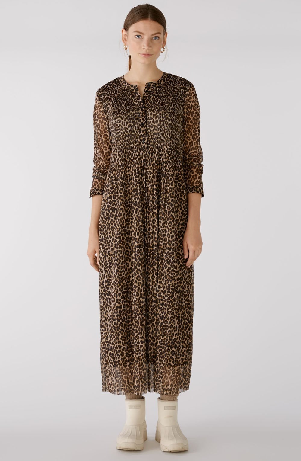 Dark Camel Animal Print Pleated Midi Dress