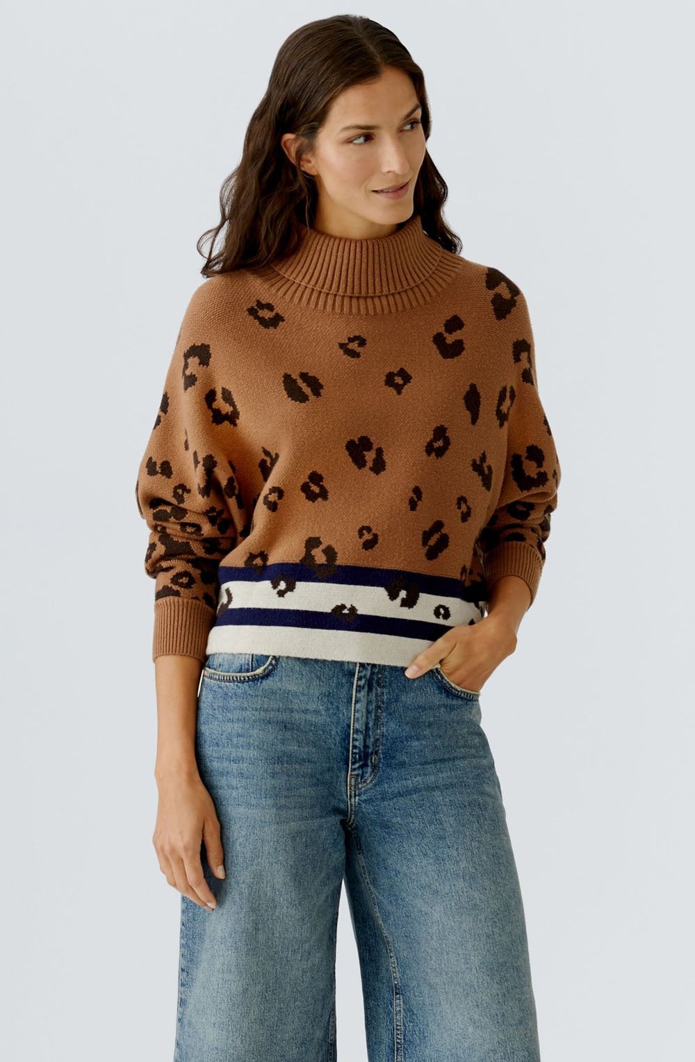 Dark Camel Blue Roll Neck Animal Print Jumper