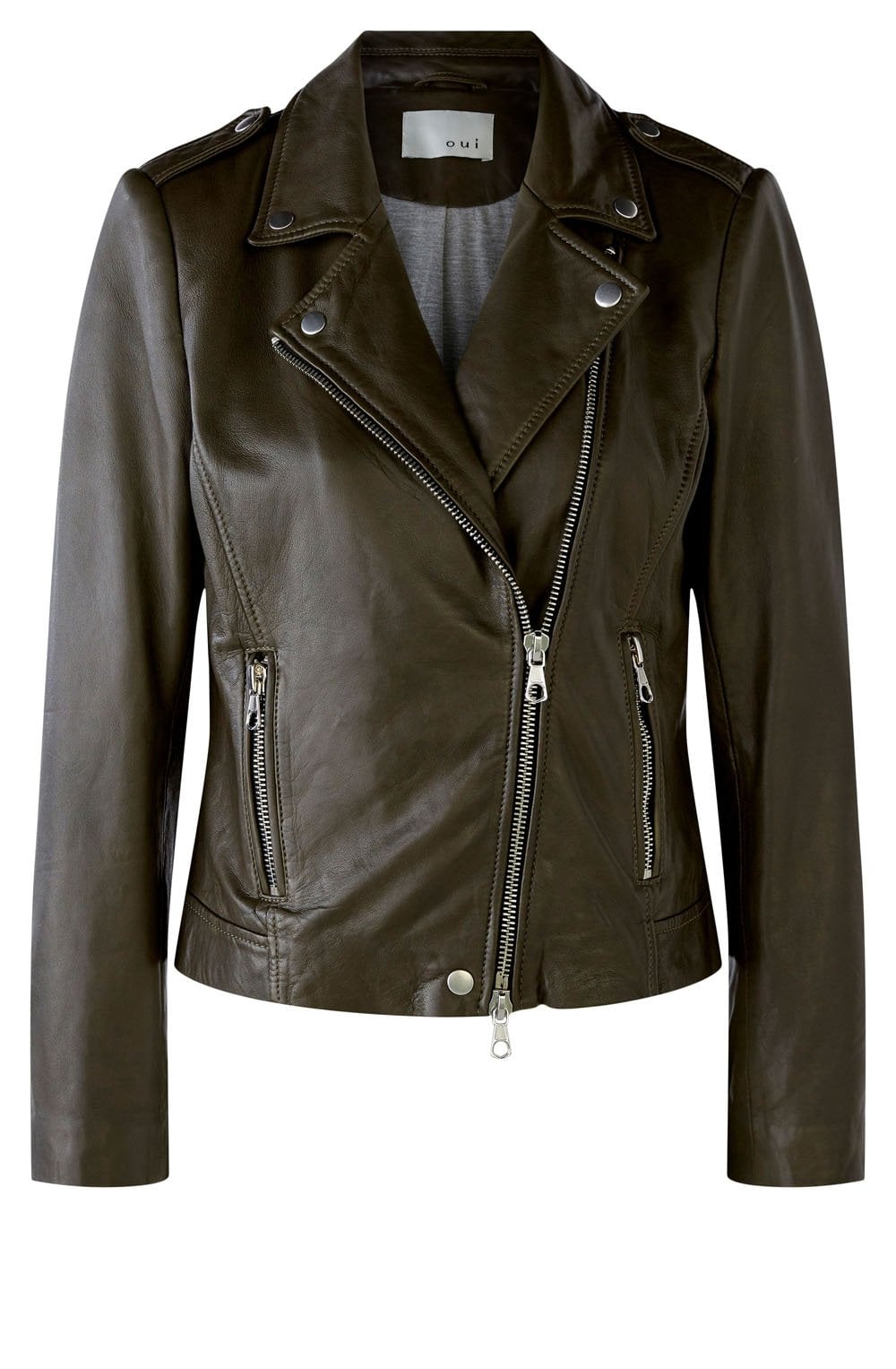 Dark Khaki Leather Biker Jacket