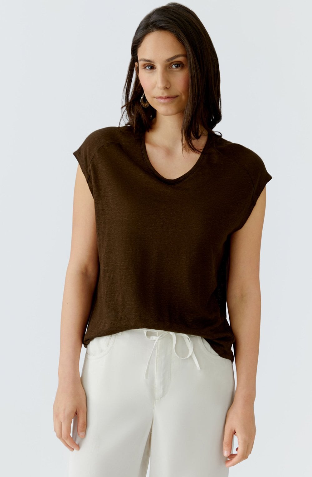 Demitasse Brown Linen V Neck T Shirt