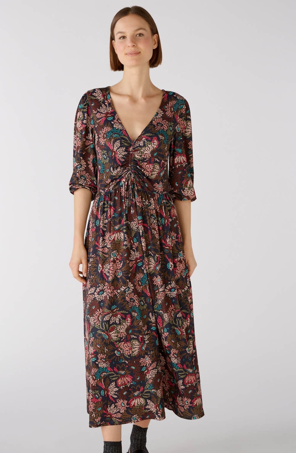 Floral Drawstring Chest Jersey Dress