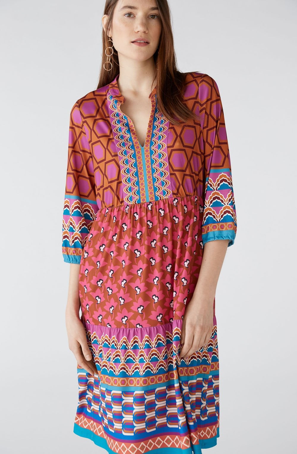 Geometric Waisted and Tiered Silky Touch Dress