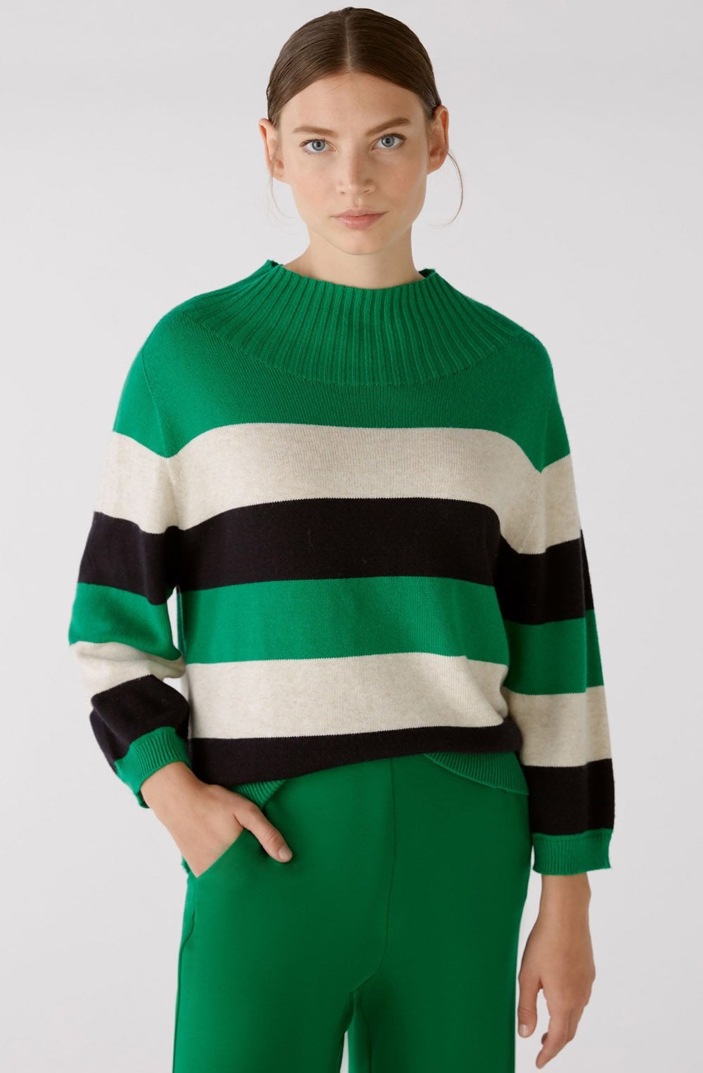 Green and Stone Grey Stand Up Collar Jumper