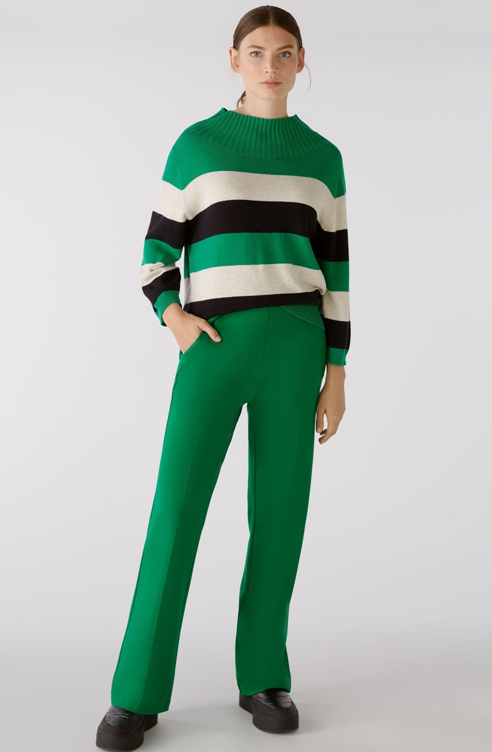 Green and Stone Grey Stand Up Collar Jumper