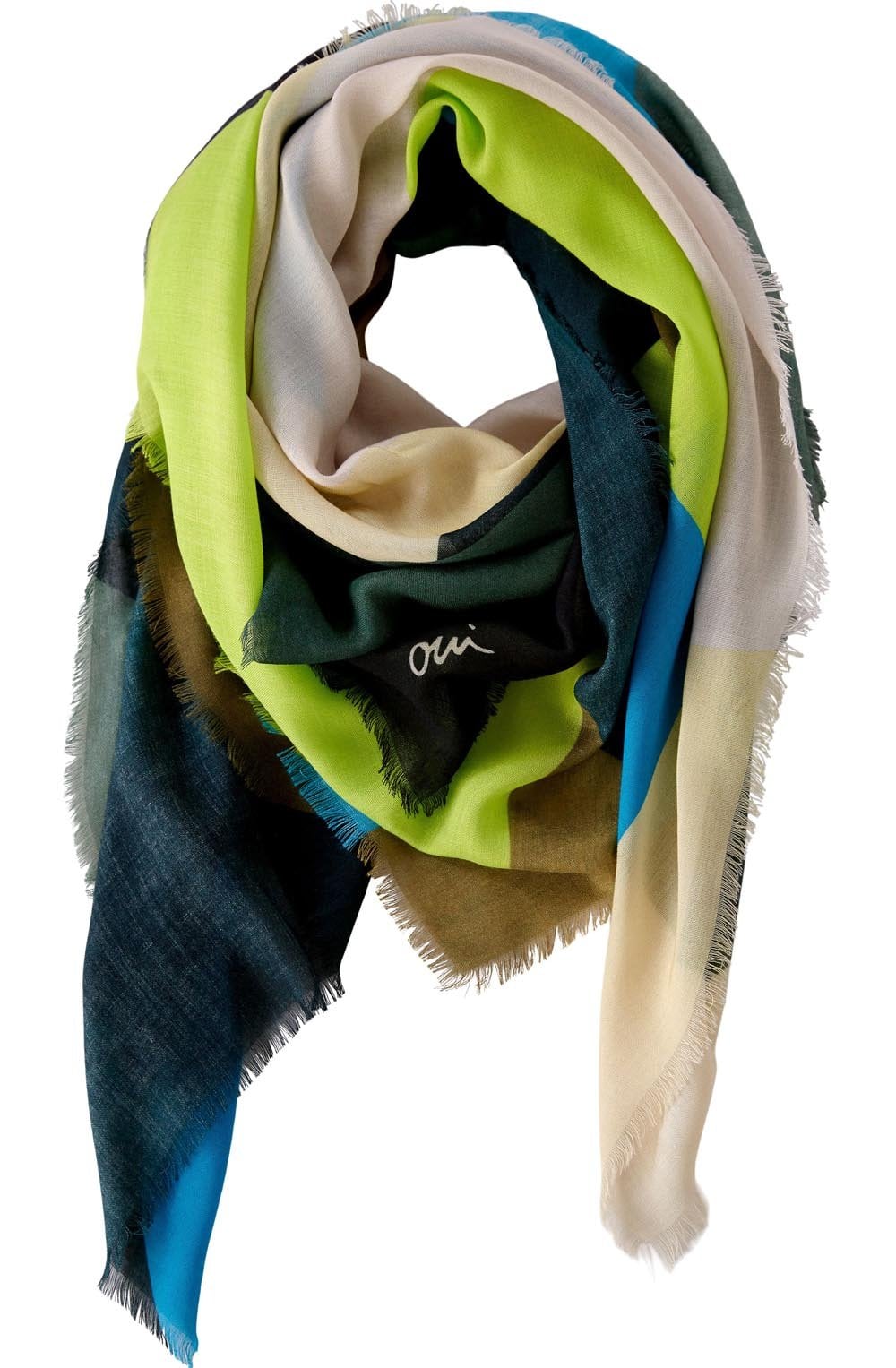 Green Blue Bold Print Frayed Edge Scarf