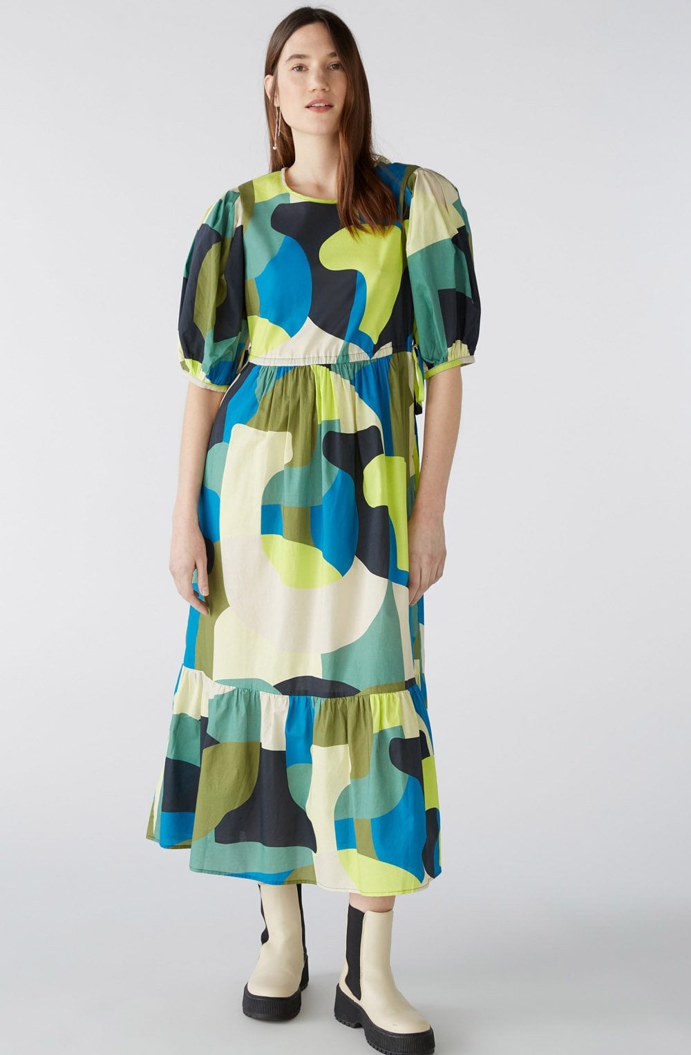Green Blue Bold Print Tie Waist Maxi Dress