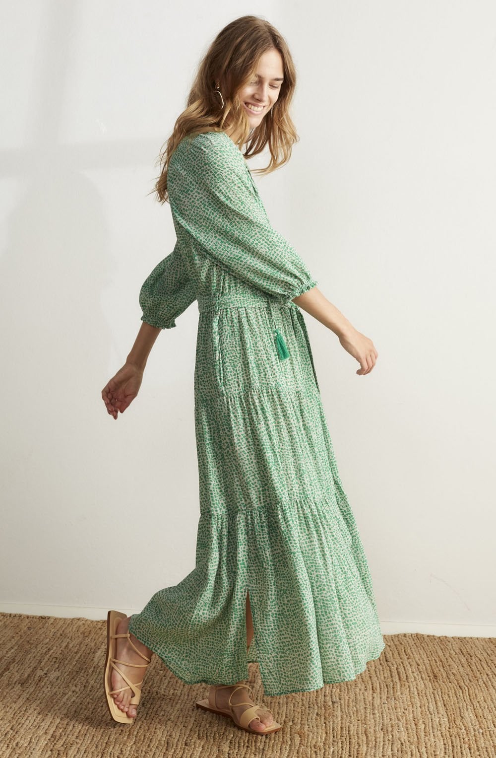 Green Bold Print Tiered Dress