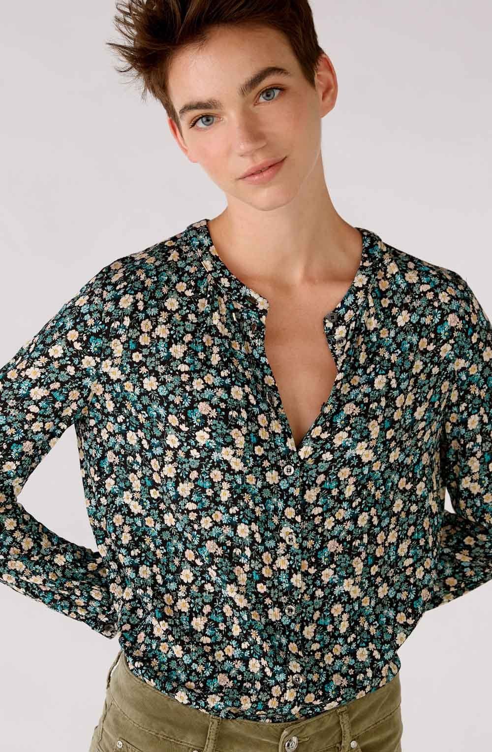 Green Grey Floral Print Blouse