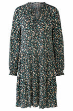 Green Grey Floral Print Tiered Dress