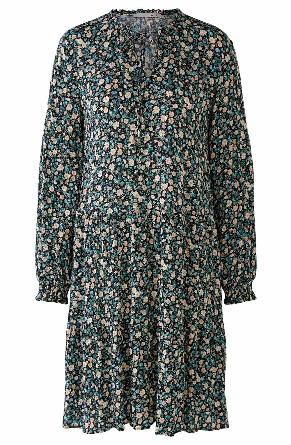 Green Grey Floral Print Tiered Dress