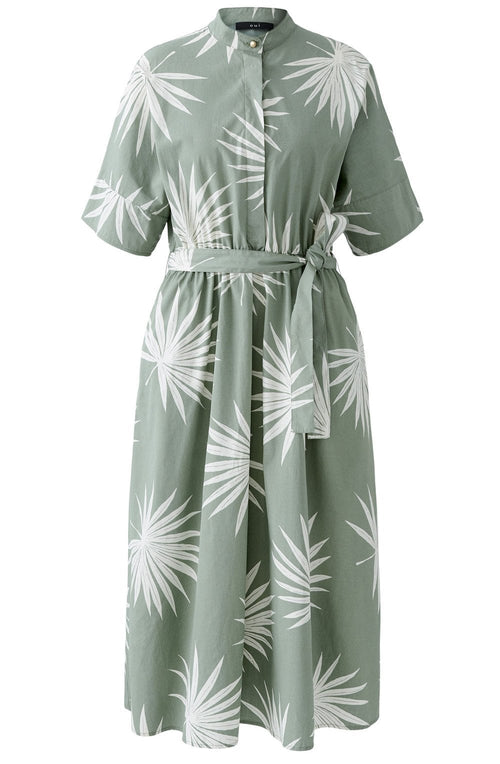 Green Palm Leaf Cotton Belted Dress