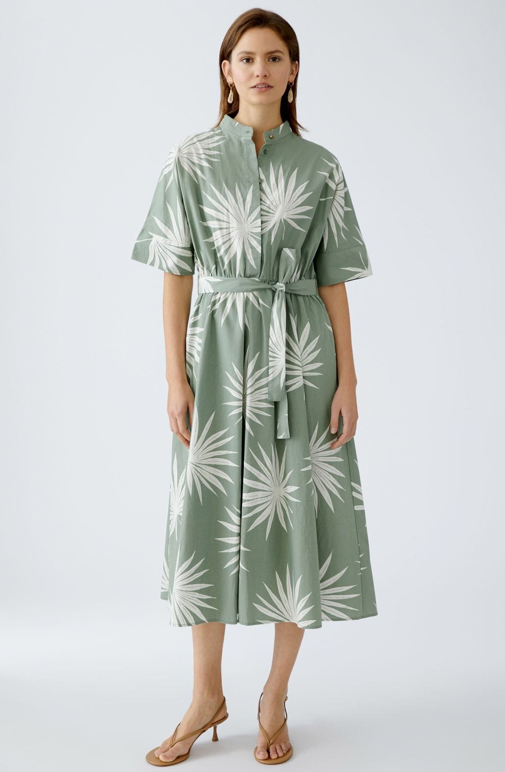 Green Palm Leaf Cotton Belted Dress
