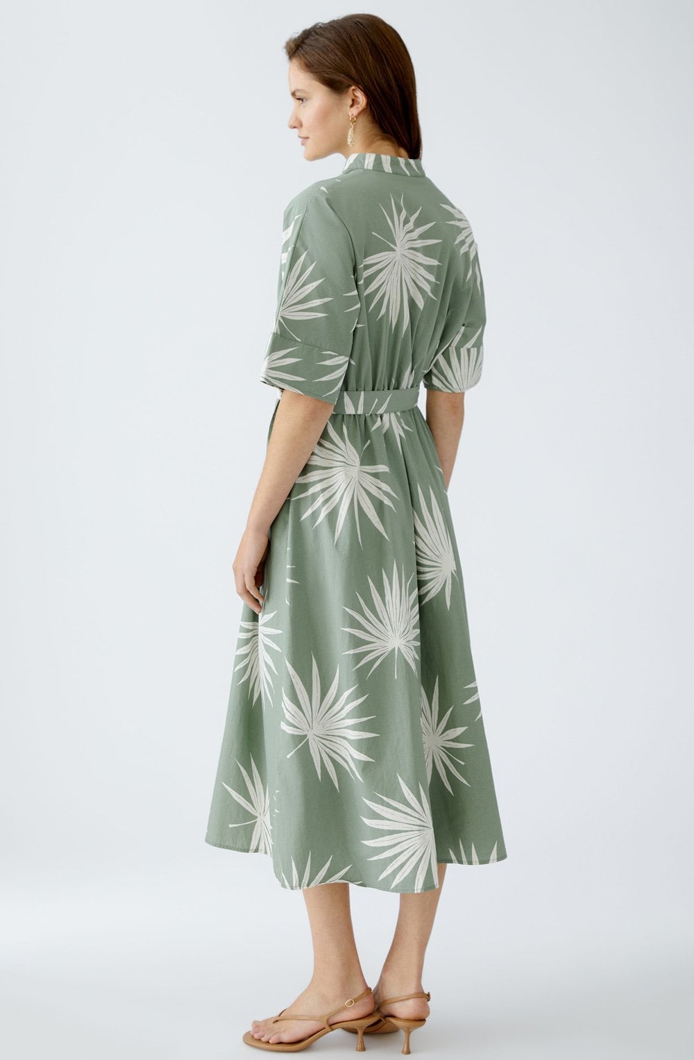 Green Palm Leaf Cotton Belted Dress