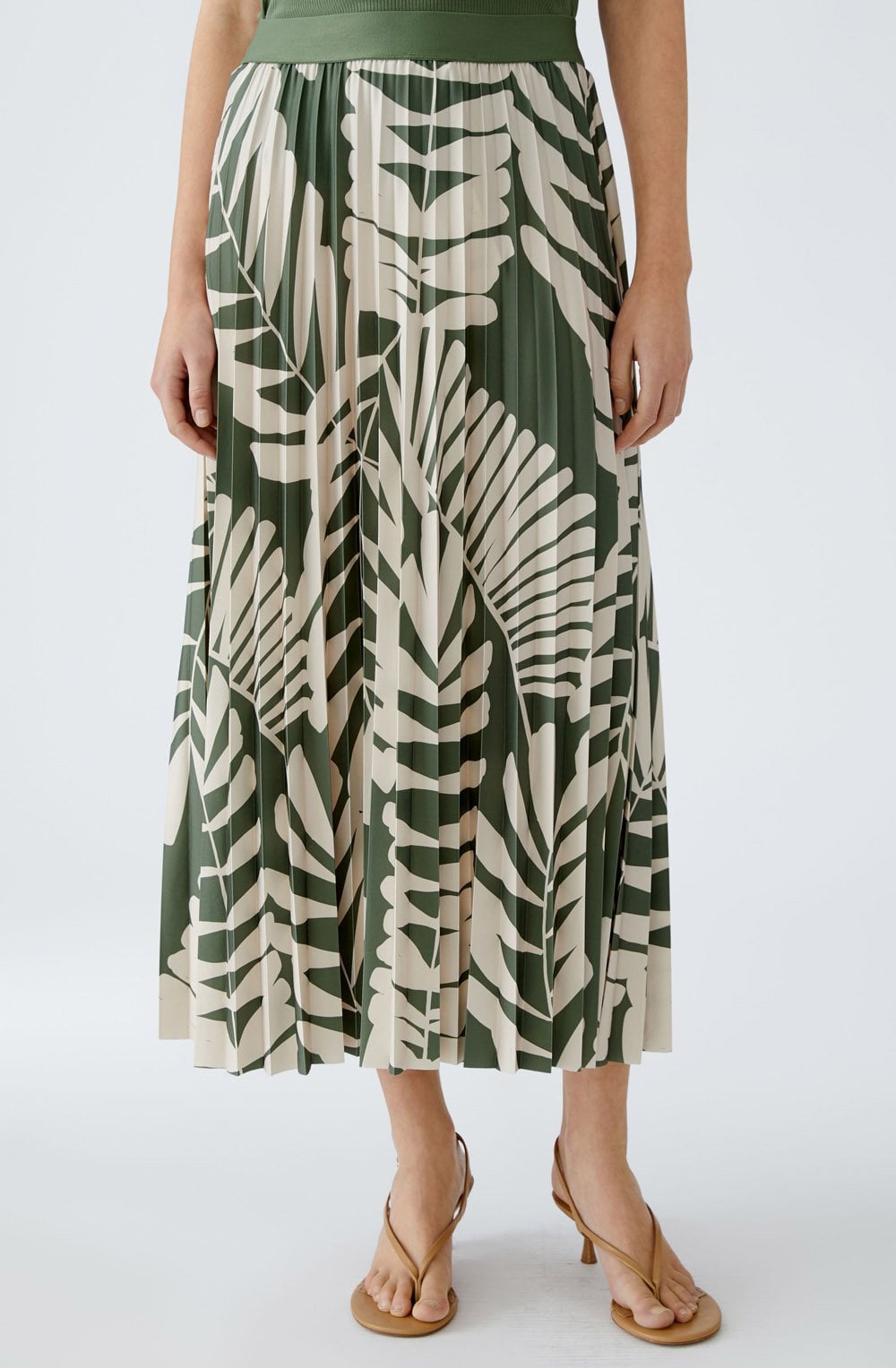 Green Palm Leaf Pleated Midi Skirt