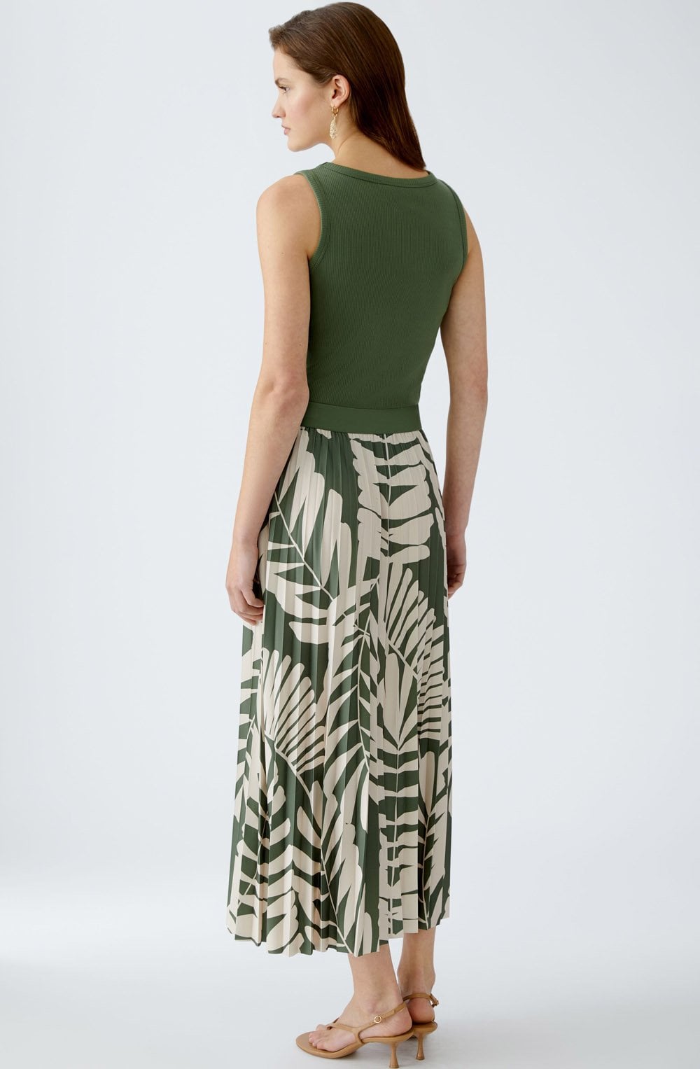 Green Palm Leaf Pleated Midi Skirt