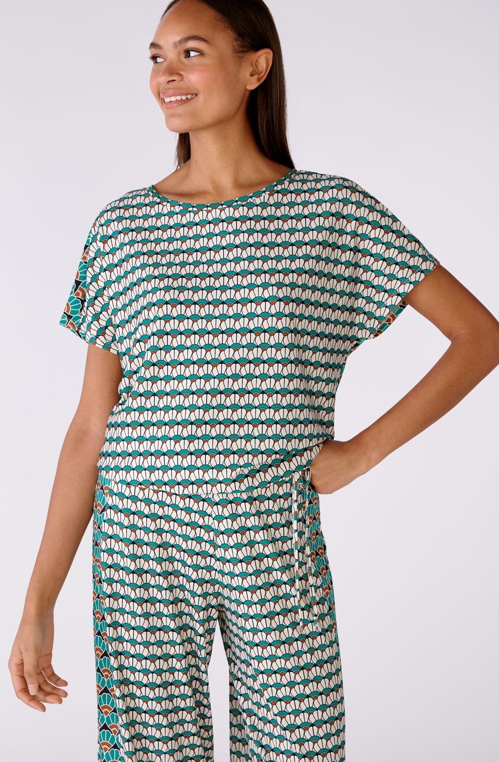 Green Shell Jersey Drawstring Blouse