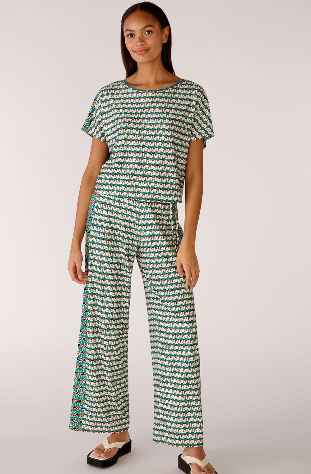 Green Shell Print Wide Leg Jersey Trousers