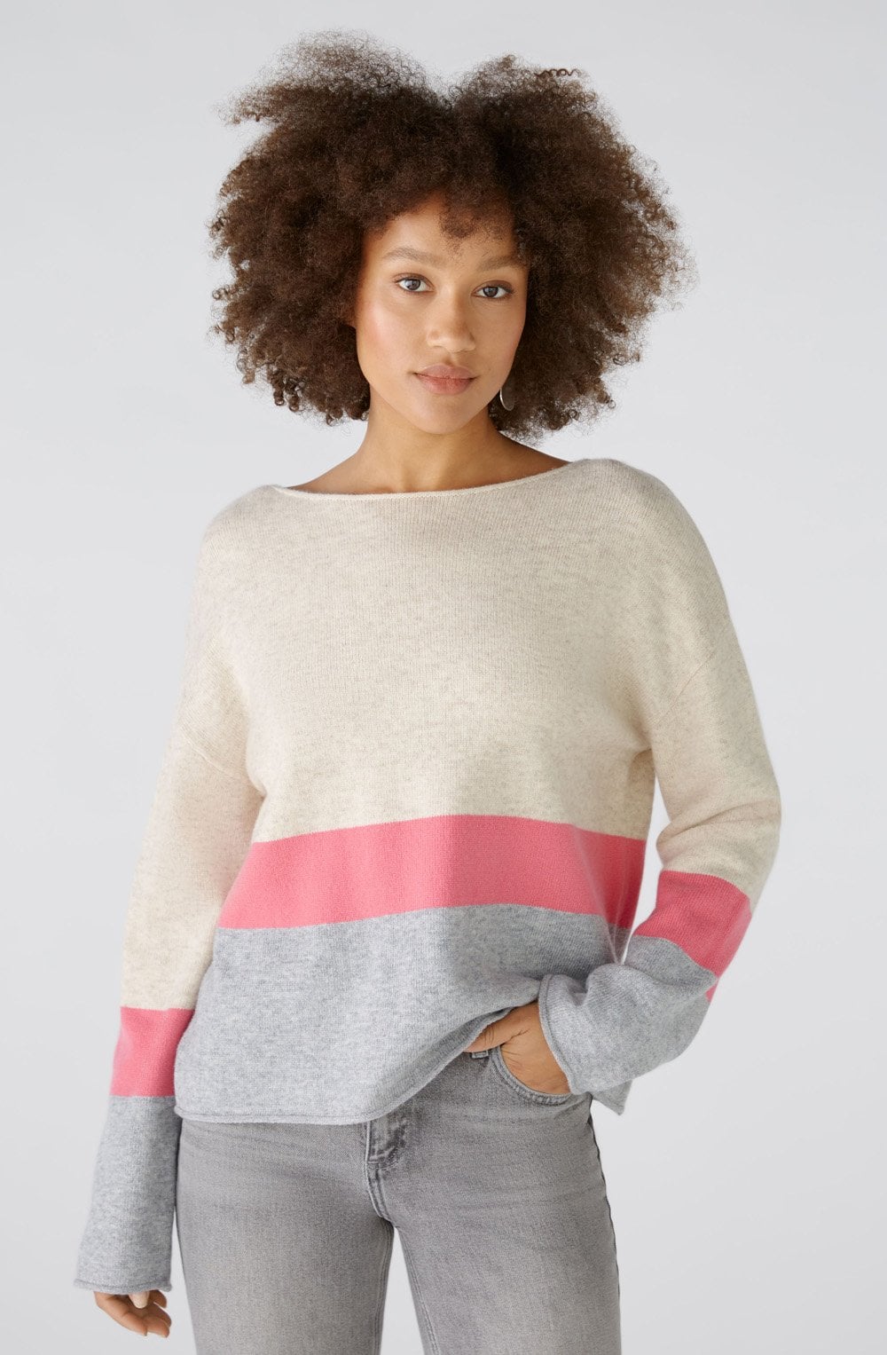 Grey Camel and Pink Colour Block Jumper