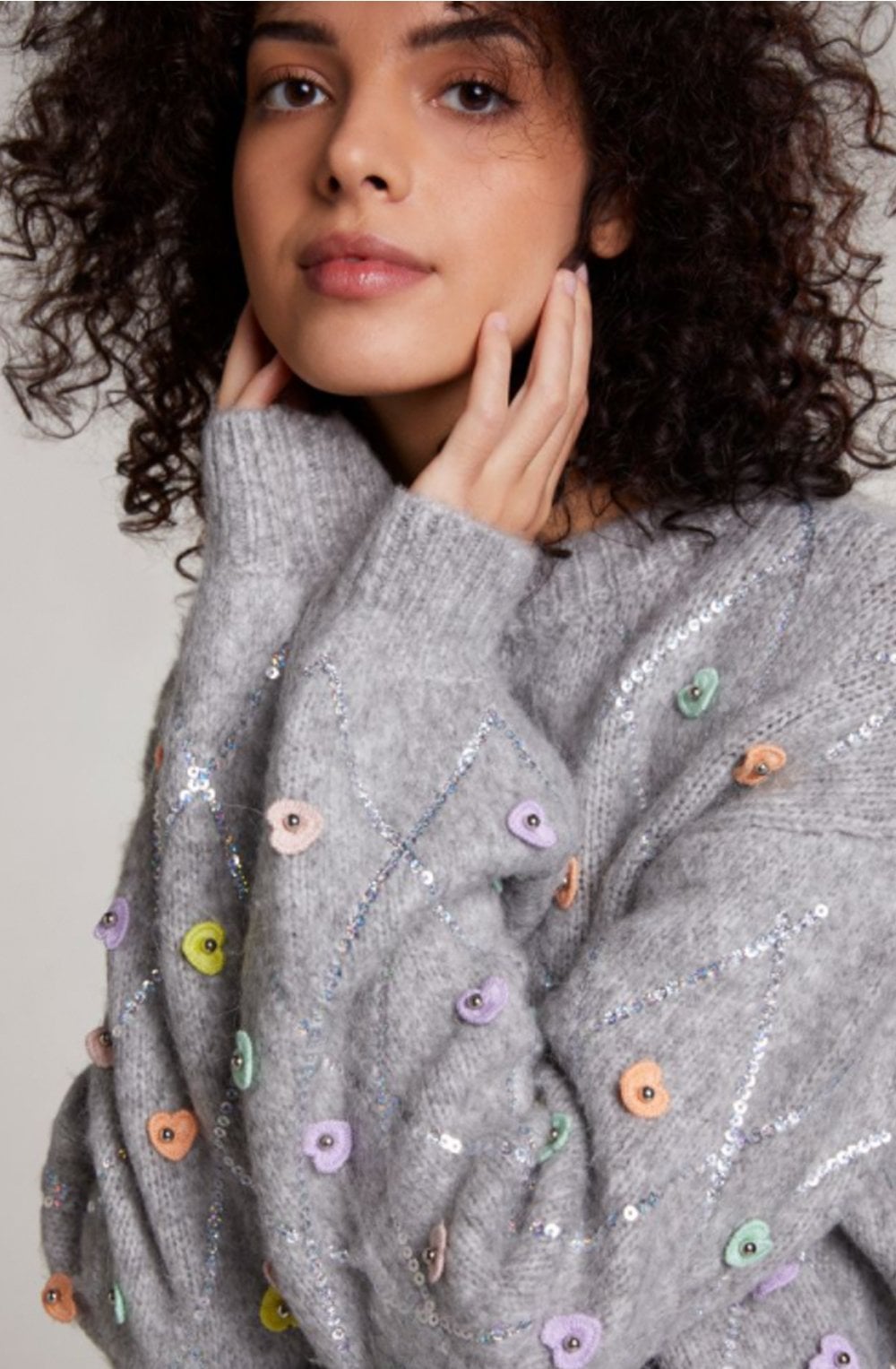 Grey Heart Sequin Detailed Jumper