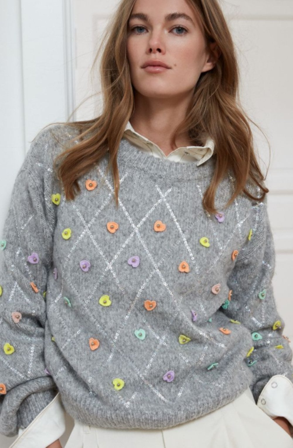 Grey Heart Sequin Detailed Jumper