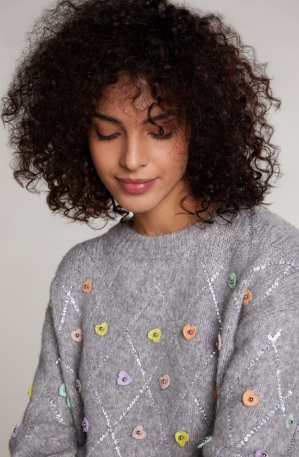 Grey Heart Sequin Detailed Jumper