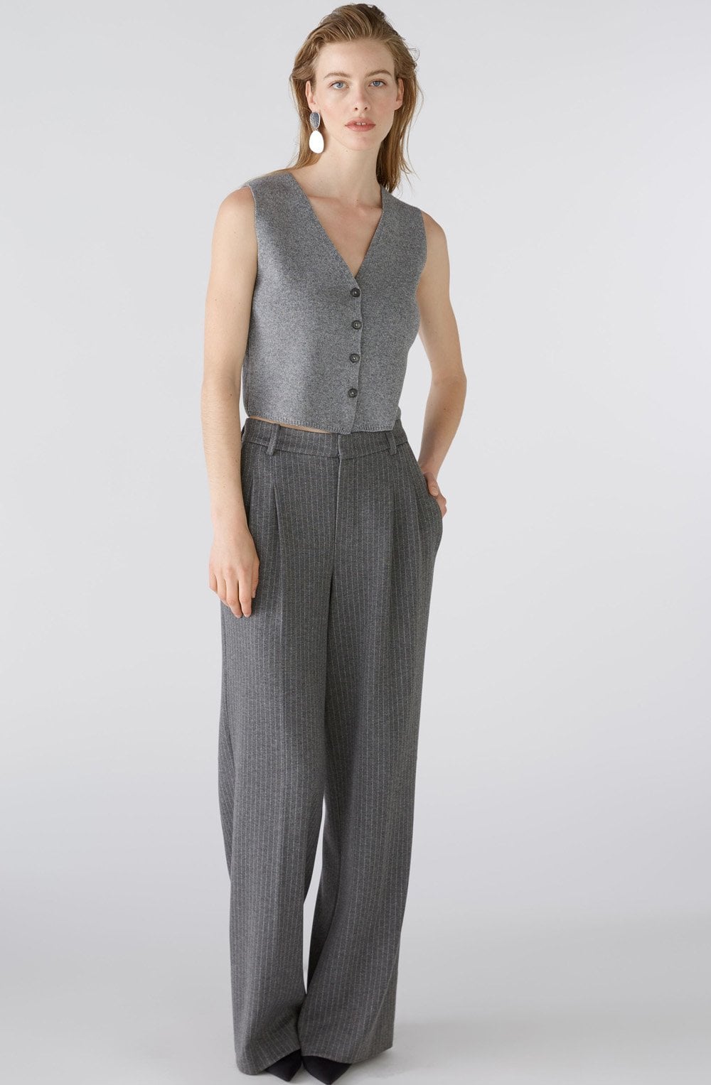 Grey Pinstripe Wide Leg Trousers