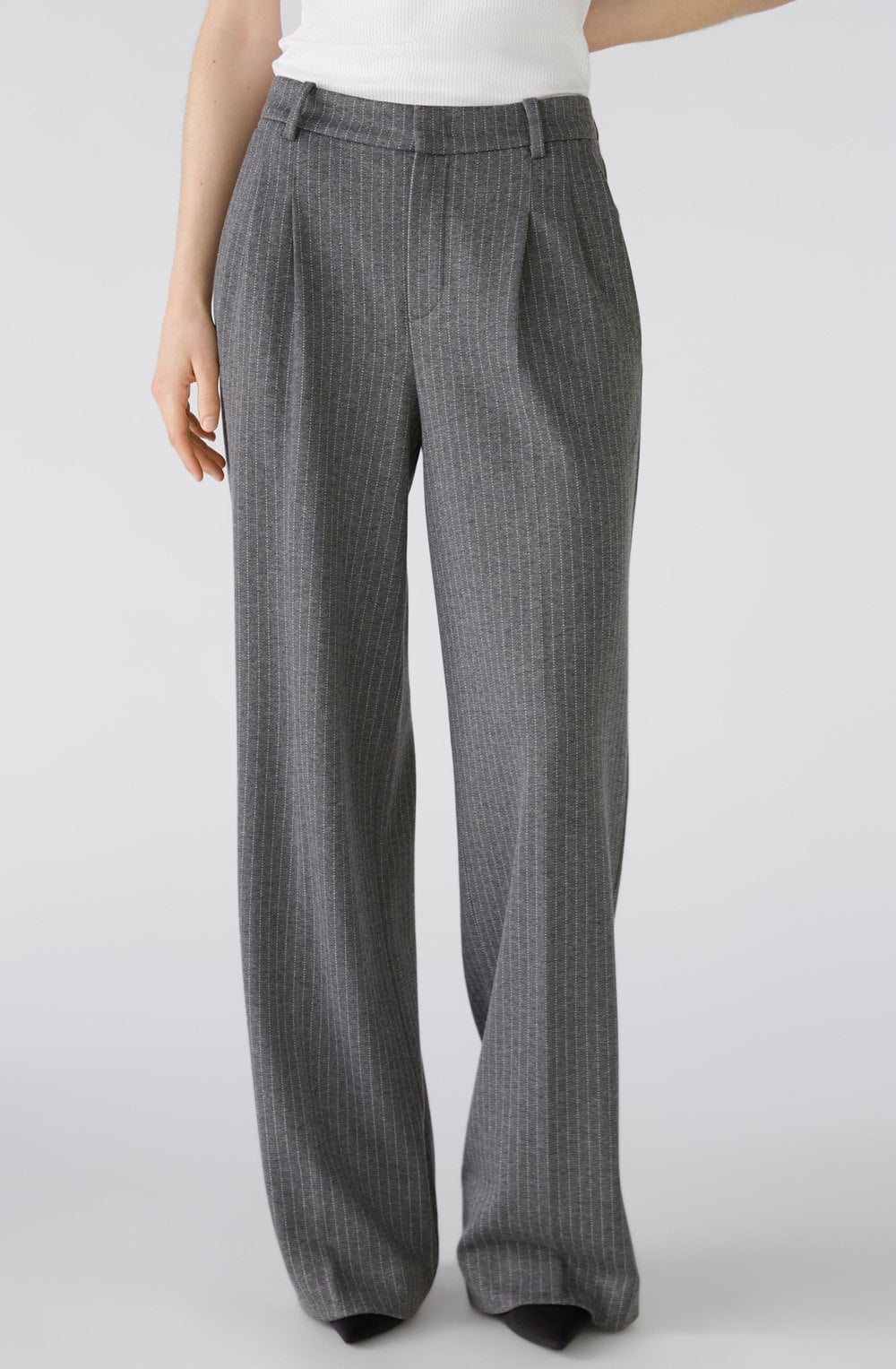 Grey Pinstripe Wide Leg Trousers
