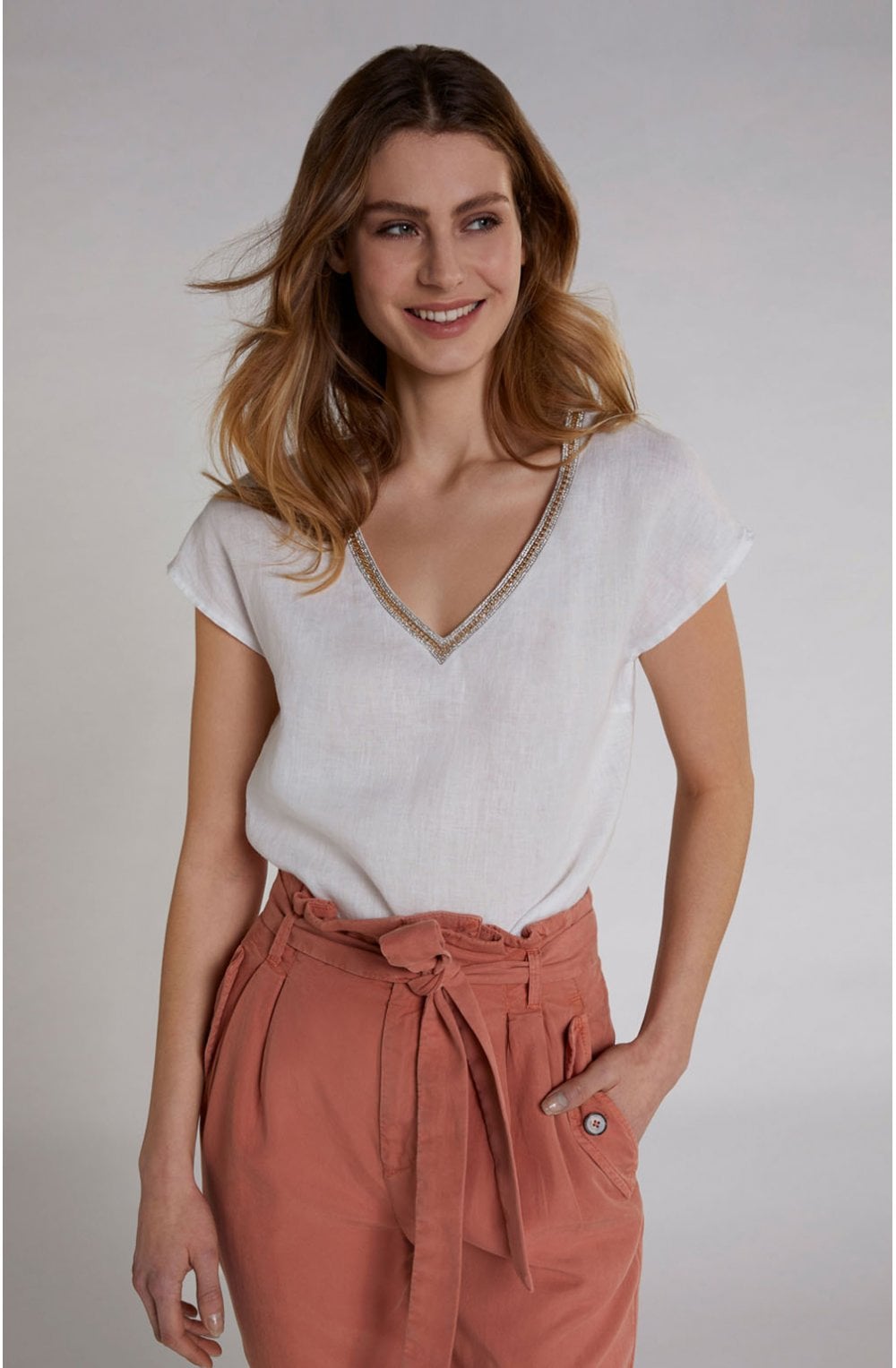 Jewelled Detailed Linen Top