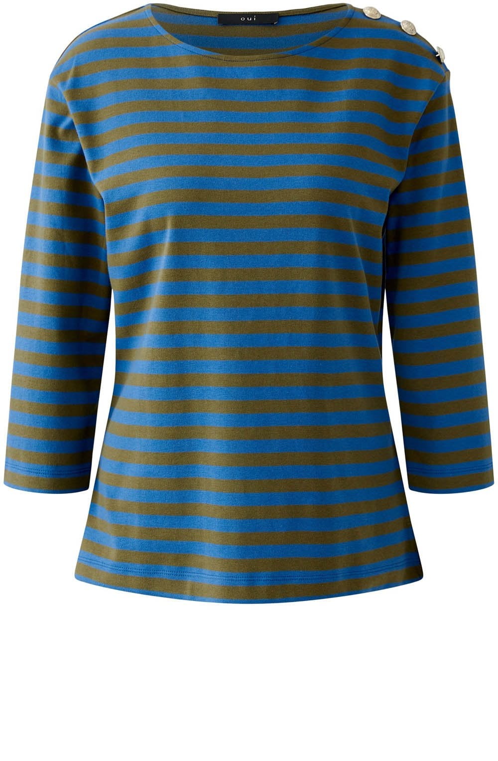 Khaki and Blue Striped Top with Silver Button Details