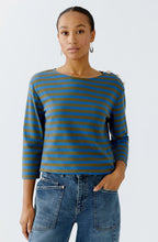 Khaki and Blue Striped Top with Silver Button Details