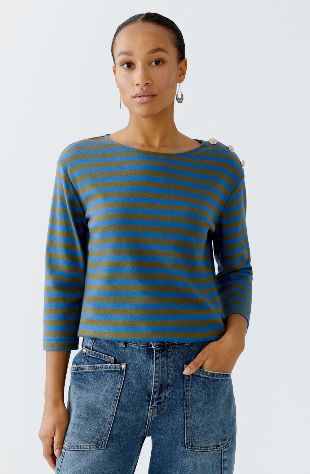 Khaki and Blue Striped Top with Silver Button Details