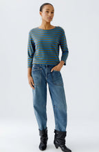 Khaki and Blue Striped Top with Silver Button Details