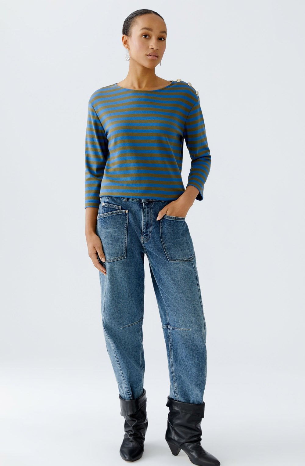 Khaki and Blue Striped Top with Silver Button Details