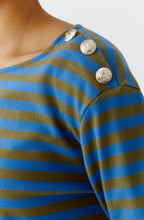 Khaki and Blue Striped Top with Silver Button Details