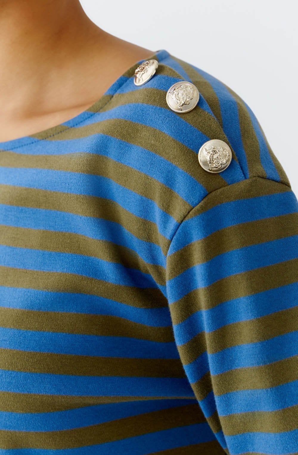 Khaki and Blue Striped Top with Silver Button Details