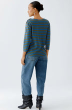 Khaki and Blue Striped Top with Silver Button Details
