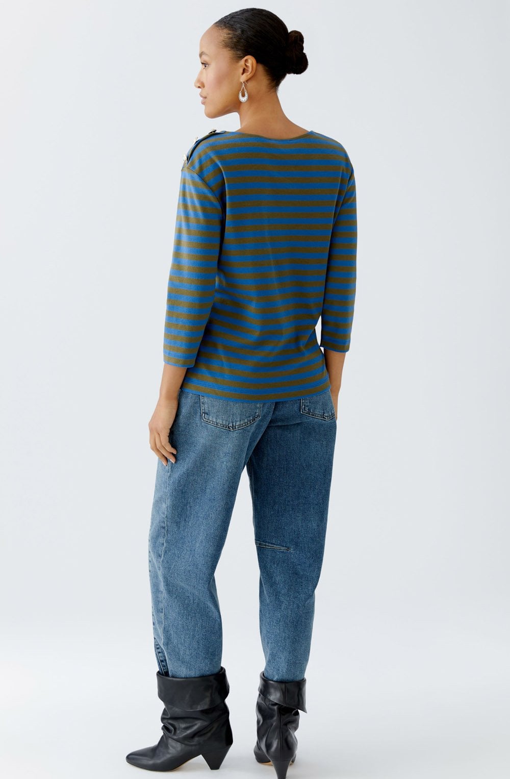 Khaki and Blue Striped Top with Silver Button Details