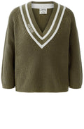 Khaki and White Statement V Neck Jumper