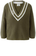 Khaki and White Statement V Neck Jumper