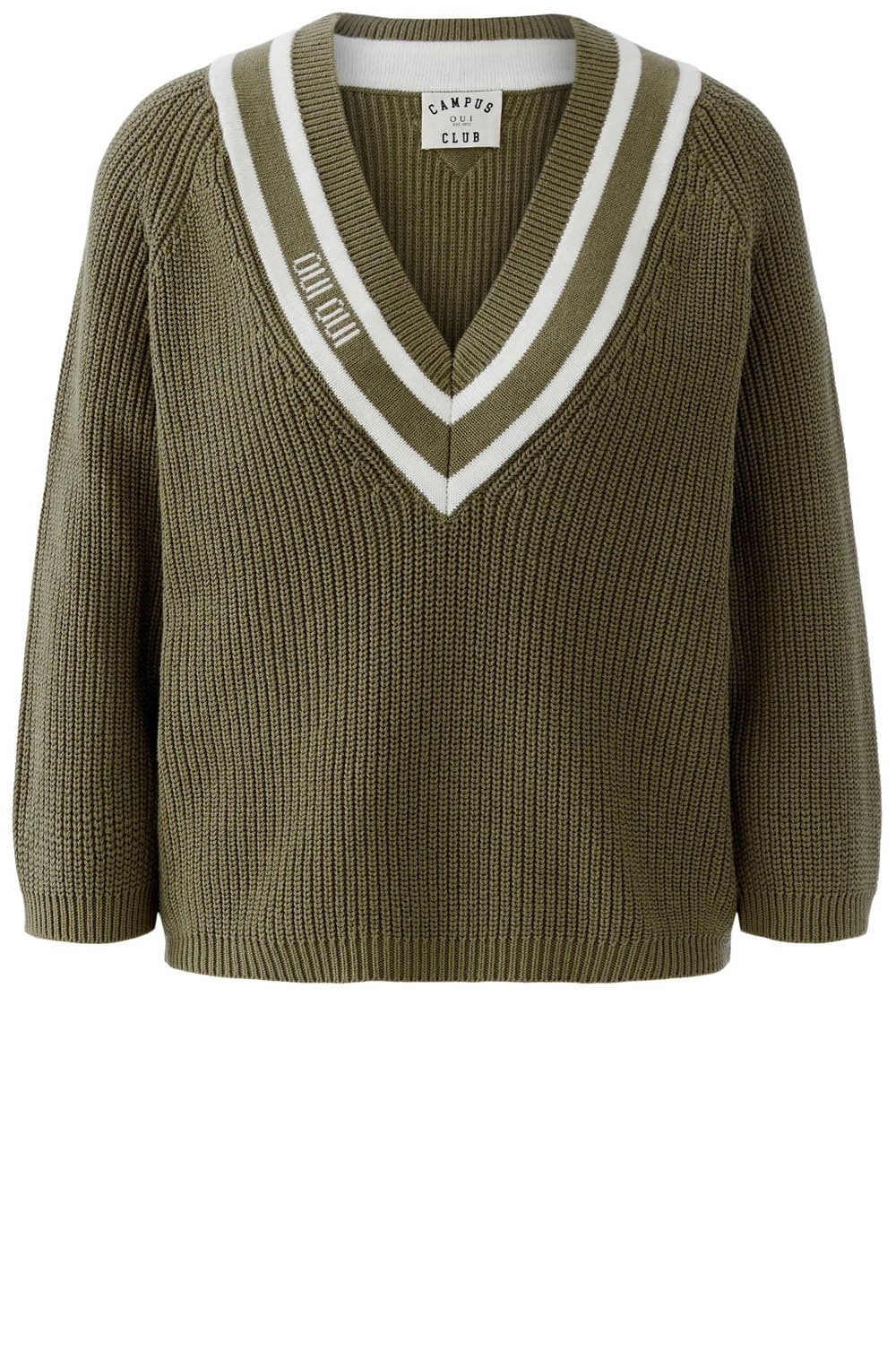 Khaki and White Statement V Neck Jumper