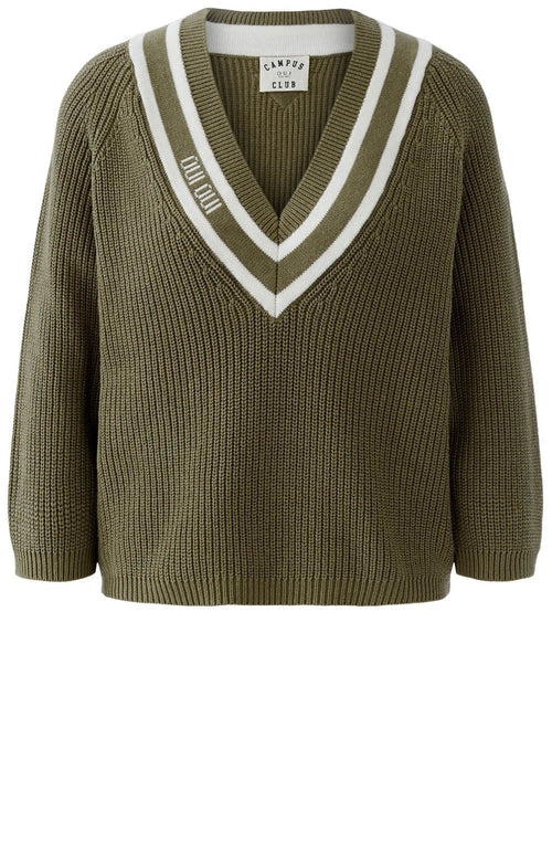 Khaki and White Statement V Neck Jumper