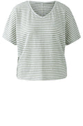 Khaki Green Striped Linen V Neck T Shirt